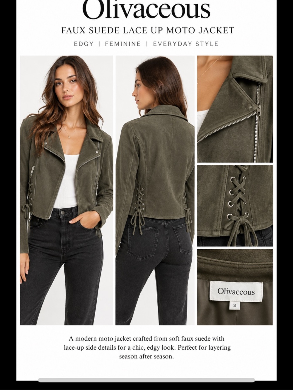 Olivaceous Olive faux Suede Lace-Up Moto Jacket